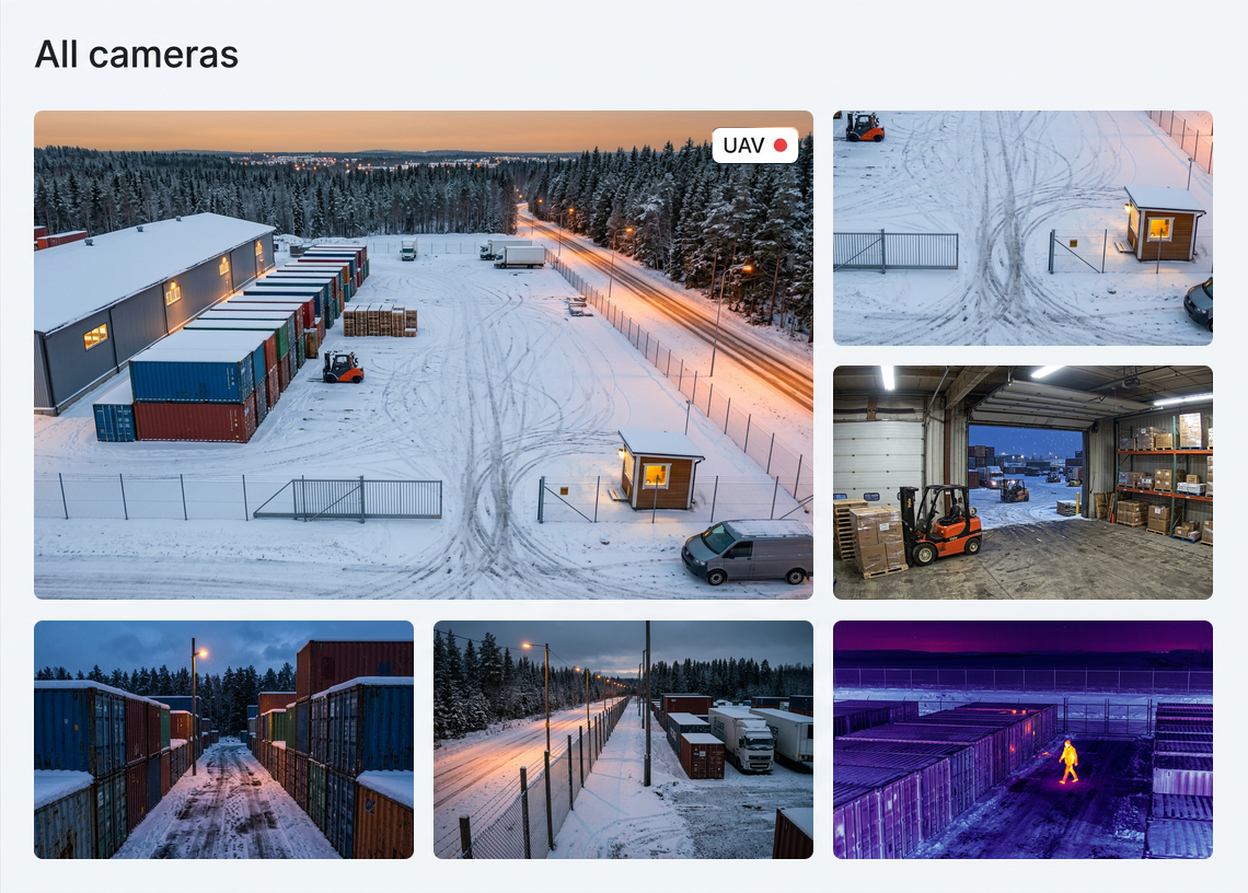 Video wall in the Entryfy platform with UAV video over the snow-covered container yard next to a PTZ view of the half-open sliding gate, loading bay, container aisle, perimeter fence and thermal cameras
