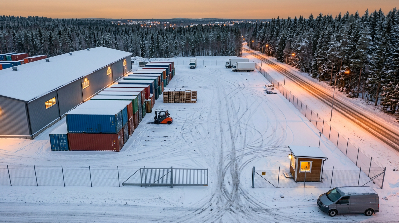Live aerial UAV view from approximately 120 metres above the snow-covered container yard at dusk, with the sliding gate partly open beside the guardhouse